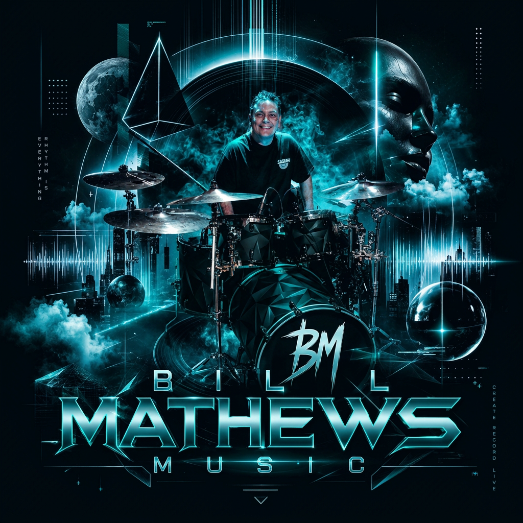 Bill Mathews Music emblem — Bill at his drum kit with chrome lettering