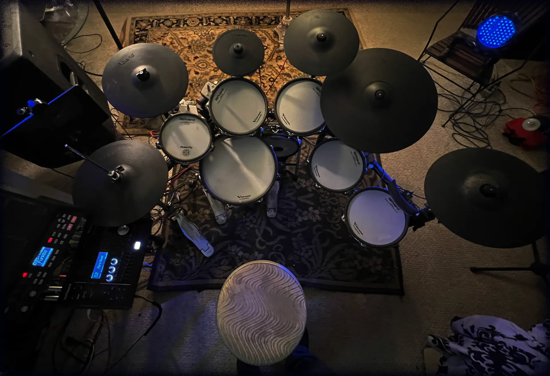 Overhead view of the Roland V-Drums kit and modules